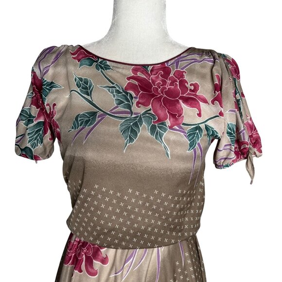 Vintage 80s Floral Short Sleeve Dress Small Slightly Sheer Tie Sleeves Elastic - Picture 2 of 8